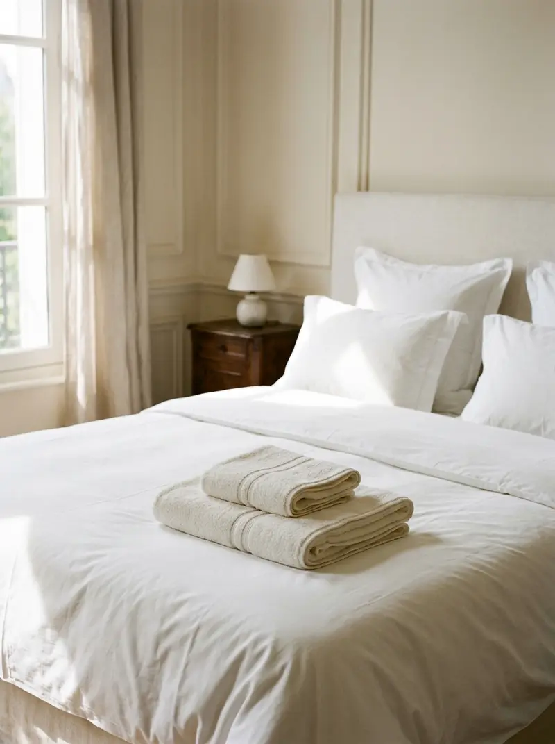 Détail d’un lit fait au standard hôtelier